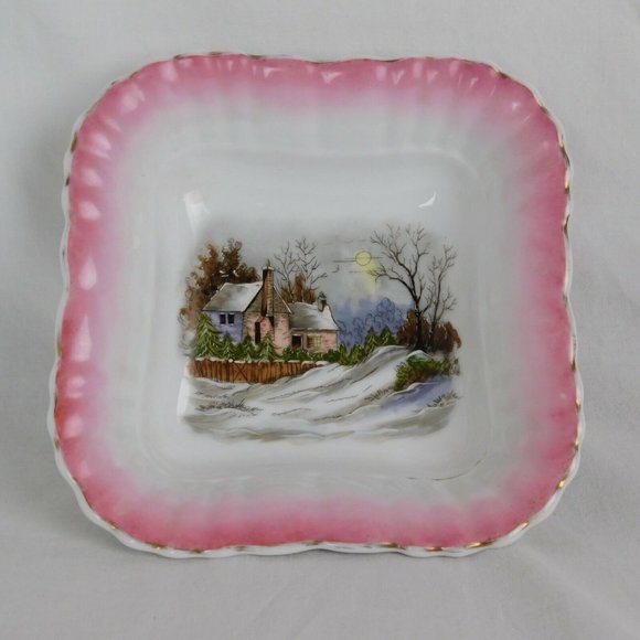 Vintage Numbered 274/751 Pink Rim Square Bowl w/Handpainted Winter House Scene - Picture 1 of 6